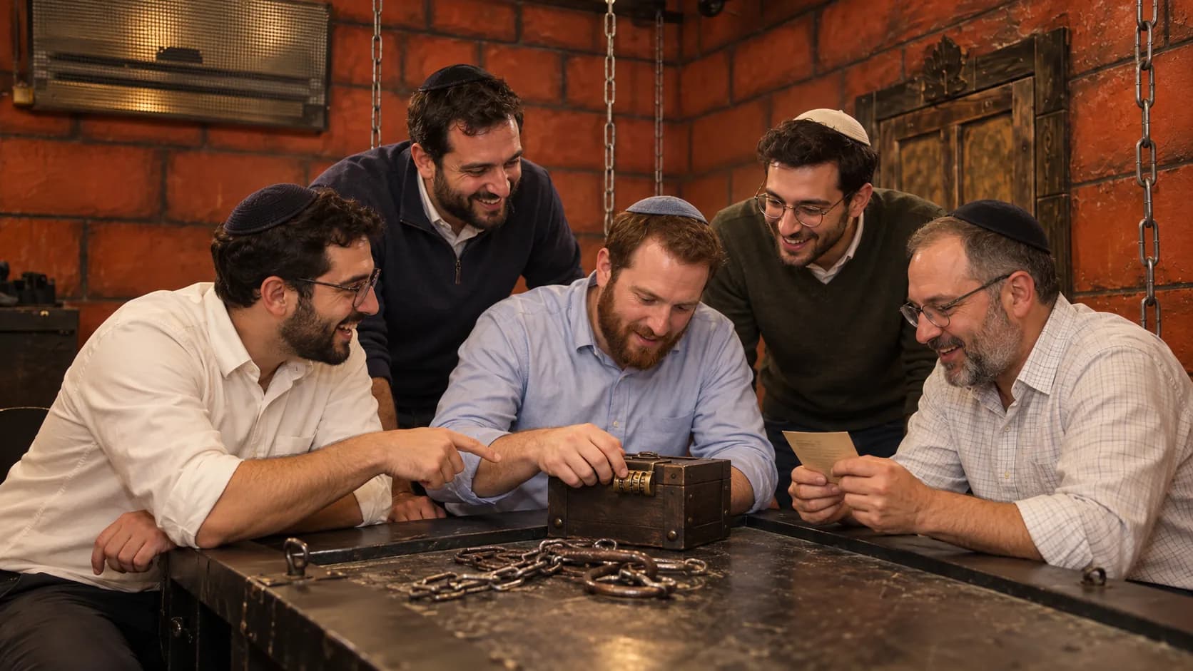 צוות בדיוני עם כיפות פותר חידה יחד בחדר הלבנים