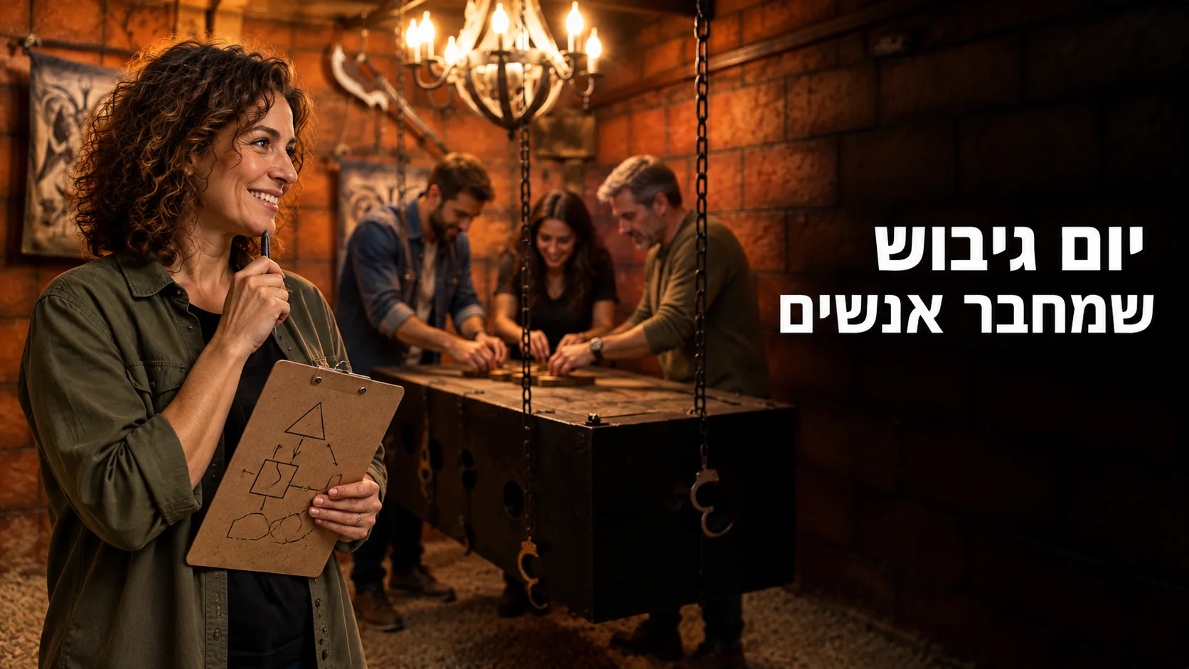 יום גיבוש שמחבר אנשים — מארגנת וצוות בדיוניים בחדר בריחה