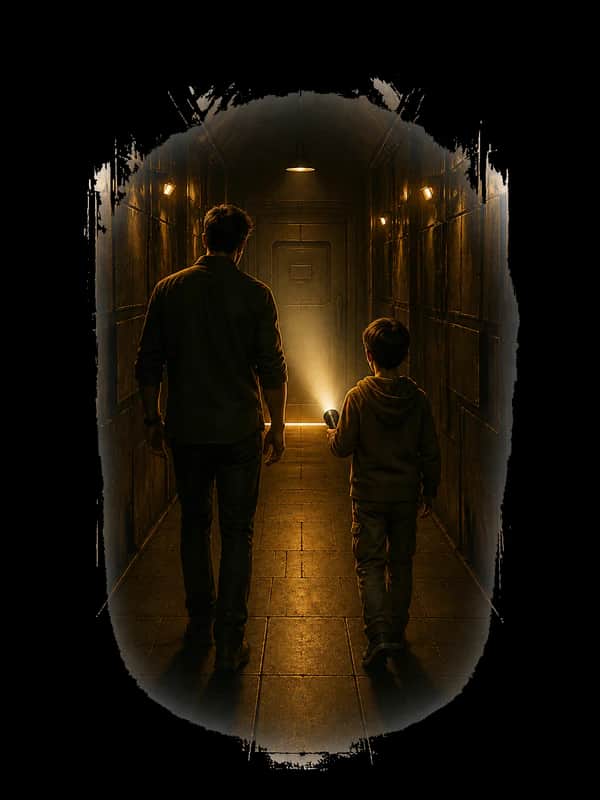 Not scary at all: a family walks a lit corridor of the room