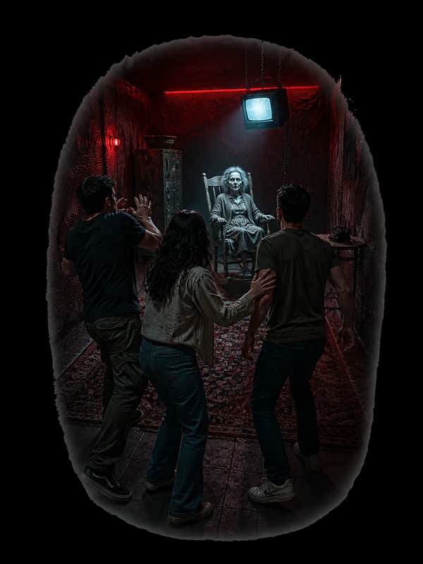 Medium fear: a group beside a doll on a red-lit set